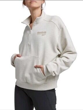 🌟7/25$ Reebok Womens Relaxed Quarter Zip Pullover Beige And Grey